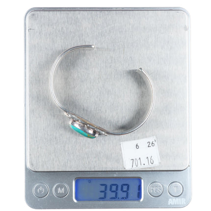 6.6" Vintage R Navajo sterling silver green waterweb turquoise cuff bracelet