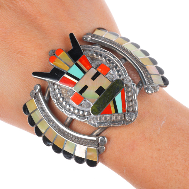 6.5" Hattie Zuni sterling silver channel inlay antelope kachina cuff bracelet