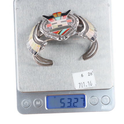 6.5" Hattie Zuni sterling silver channel inlay antelope kachina cuff bracelet