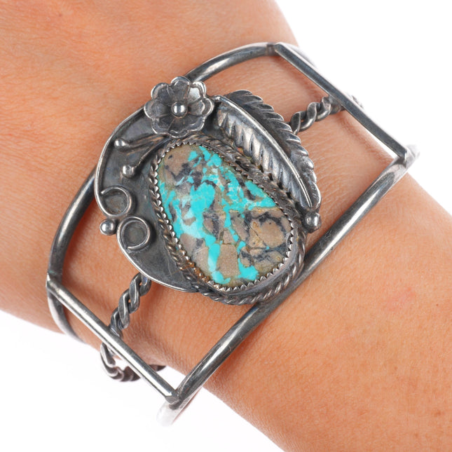 7" Vintage Navajo sterling silver turquoise cuff bracelet with nice turquoise