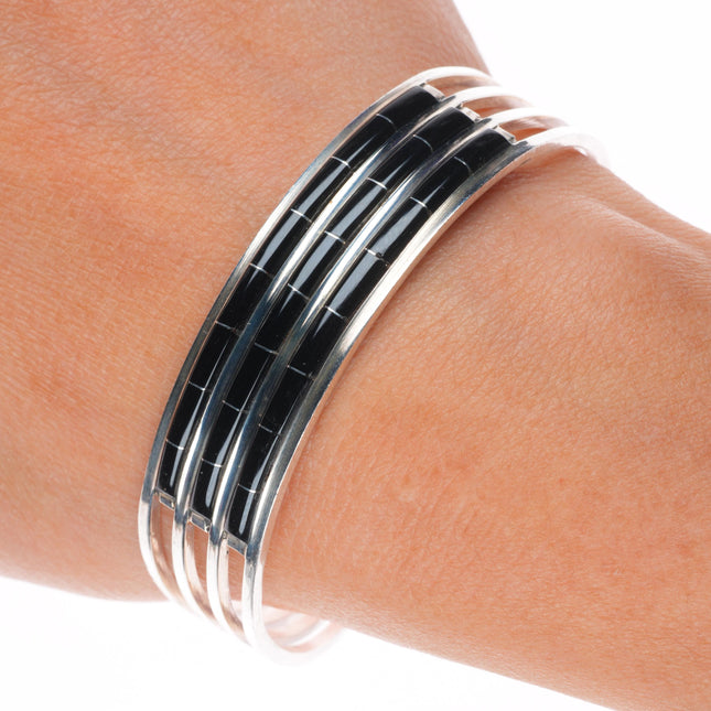 6.6" Anson/Laticia Wallace Zuni jet channel inlay sterling silver cuff bracelet