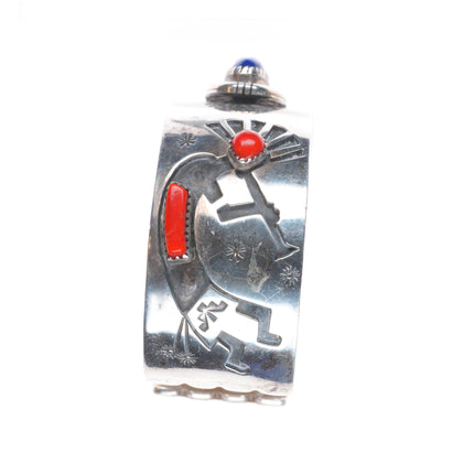 7" Filbert Brown Navajo sterling silver-coral/lapis Yei/Kokopellis cuff bracelet