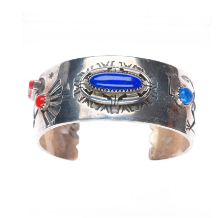 7" Filbert Brown Navajo sterling silver-coral/lapis Yei/Kokopellis cuff bracelet