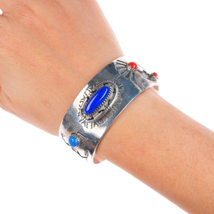 7" Filbert Brown Navajo sterling silver-coral/lapis Yei/Kokopellis cuff bracelet