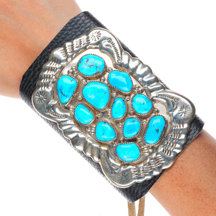 Vintage Zuni/Navajo sterling silver turquoise cluster Ketoh bowguard bracelet