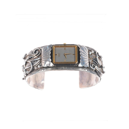 6.5" Vintage K Navajo sterling silver fancy featherwork watch cuff bracelet