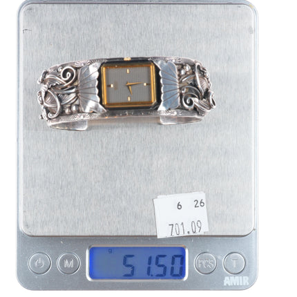 6.5" Vintage K Navajo sterling silver fancy featherwork watch cuff bracelet