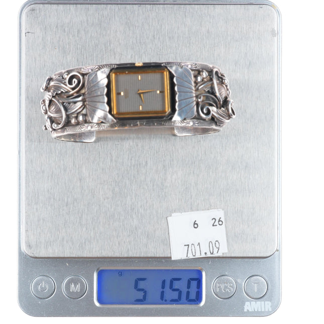 6.5" Vintage K Navajo sterling silver fancy featherwork watch cuff bracelet