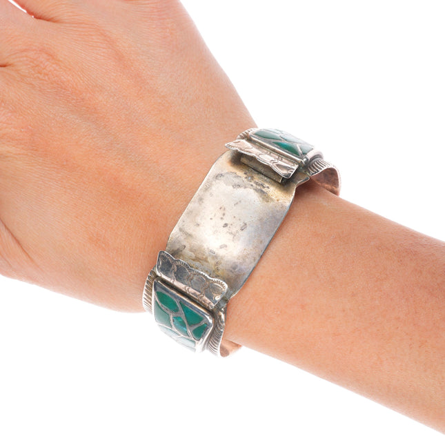6.5" c1950 Vintage Zuni sterling silver fishscale turquoise watch cuff bracelet