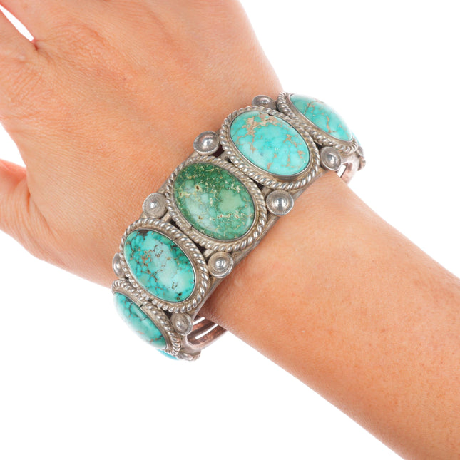 6.9" 30's-40's Vintage Navajo sterling silver large turquoise row cuff bracelet