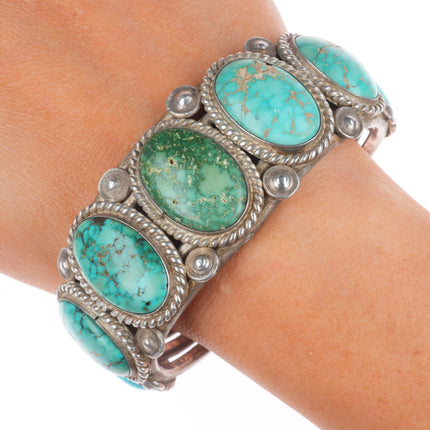 6.9" 30's-40's Vintage Navajo sterling silver large turquoise row cuff bracelet