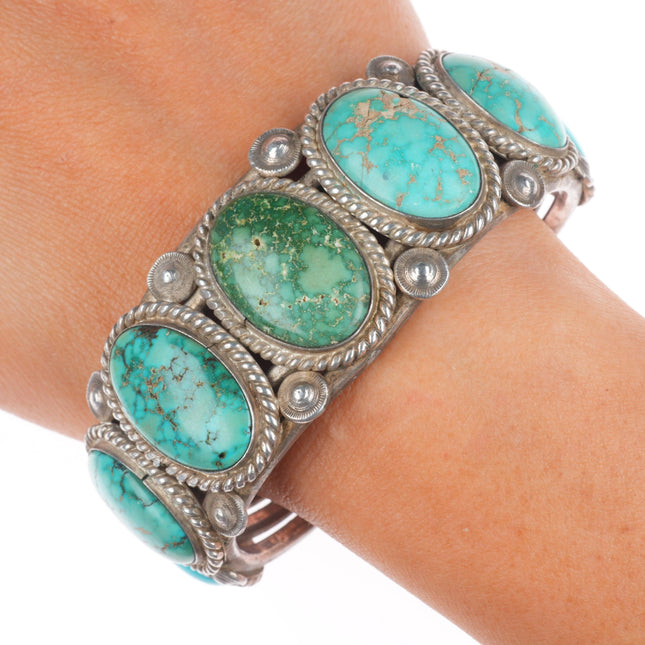 6.9" 30's-40's Vintage Navajo sterling silver large turquoise row cuff bracelet