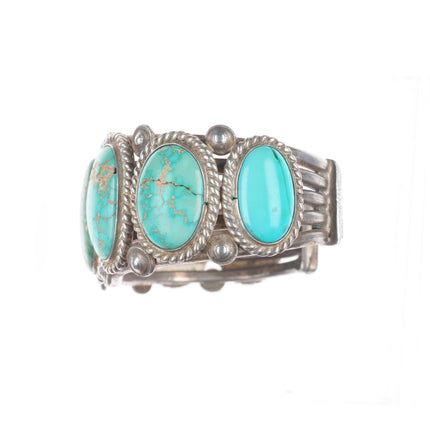 6.9" 30's-40's Vintage Navajo sterling silver large turquoise row cuff bracelet