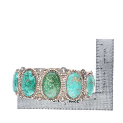 6.9" 30's-40's Vintage Navajo sterling silver large turquoise row cuff bracelet