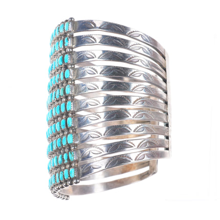 6.9" c1940's Vintage Zuni 10 Row stacked square cut turquoise cuff bracelet