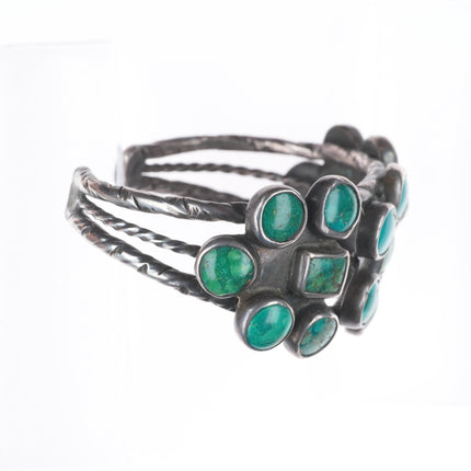 7.4" 1930's Navajo Sterling silver green turquoise cluster cuff bracelet