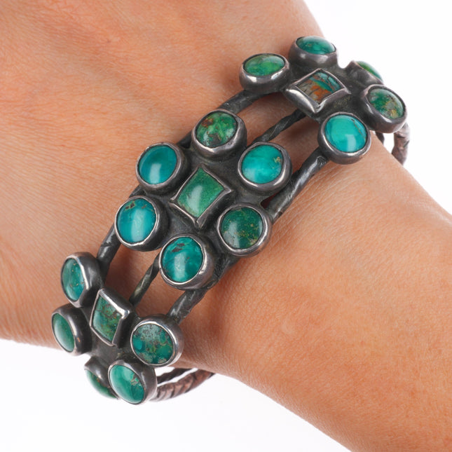 7.4" 1930's Navajo Sterling silver green turquoise cluster cuff bracelet