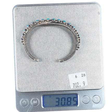 6.1" 20's-30's Navajo Antique twisted ingot silver turquoise row cuff bracelet