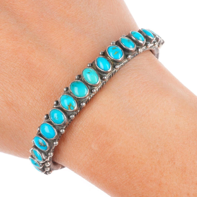 6.1" 20's-30's Navajo Antique twisted ingot silver turquoise row cuff bracelet