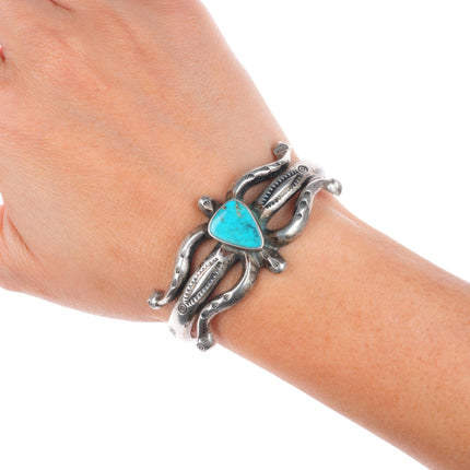 6" c1940's Navajo or Zuni cast sterling silver stamped cuff bracelet w/turquoise