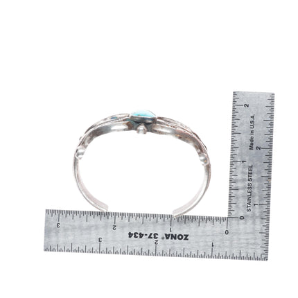 6" c1940's Navajo or Zuni cast sterling silver stamped cuff bracelet w/turquoise