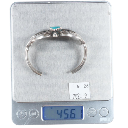 6" c1940's Navajo or Zuni cast sterling silver stamped cuff bracelet w/turquoise