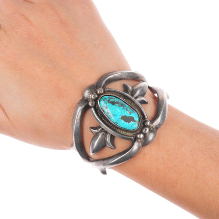 6" 40's-50's vintage Navajo sterling silver sandcast turquoise cuff bracelet