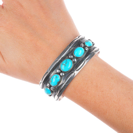 6.75" c1940's Navajo vintage carinated ingot silver turquoise row cuff bracelet