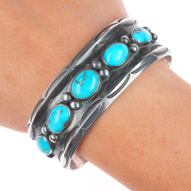 6.75" c1940's Navajo vintage carinated ingot silver turquoise row cuff bracelet