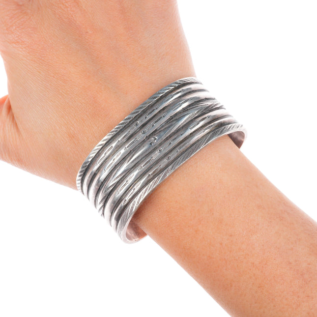 6.6" 1920's Antique Navajo ingot silver whirling logs/arrows stamp cuff bracelet