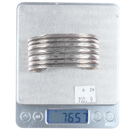 6.6" 1920's Antique Navajo ingot silver whirling logs/arrows stamp cuff bracelet