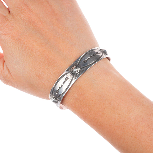 6.2" c1930's Navajo ingot silver snake and arrow stamped repousse cuff bracelet