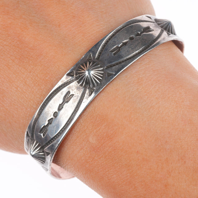6.2" c1930's Navajo ingot silver snake and arrow stamped repousse cuff bracelet