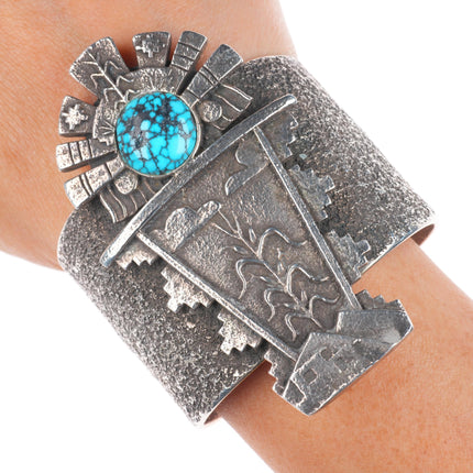 6" Huge Darryl Dean Begay Navajo tufa cast sterling silver turquoise cuff bracelet