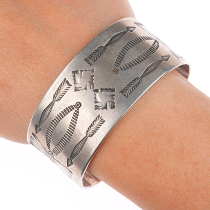 6.4" c1920's Antique Navajo Ingot silver whirling logs stamped cuff bracelet