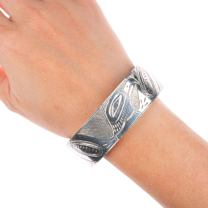 7.5" Antique Haida Ingot silver eagle hand carved cuff bracelet