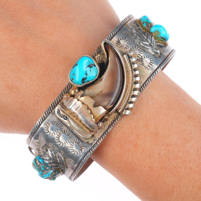 7.6" 60's-70's Vintage Navajo sterling silver turquoise/claw cuff bracelet