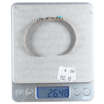 6.6" c1920's Antique Navajo ingot silver 3 stone turquoise stamped cuff bracelet