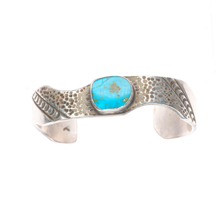 6.6" c1950's Vintage Navajo sterling silver stamped cuff bracelet w/turquoise
