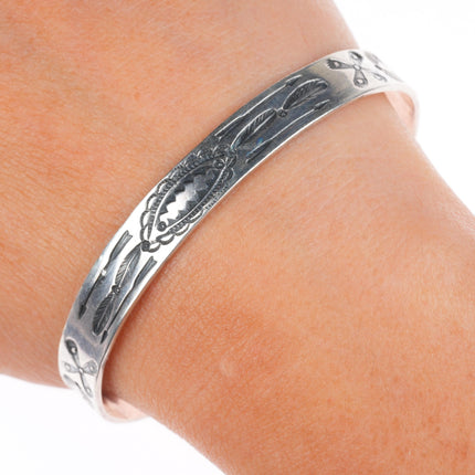 6.3" c1930 Antique Navajo ingot silver heavy arrow stamped slim cuff bracelet