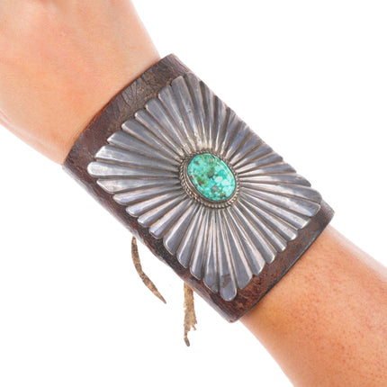 1940's Vintage Navajo chiseled sterling silver Ketoh Bowguard bracelet turquoise