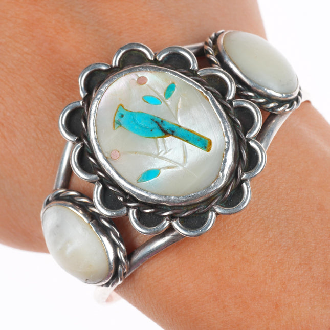 6" Vintage Zuni sterling silver turquoise inlaid shell bluebird cuff bracelet