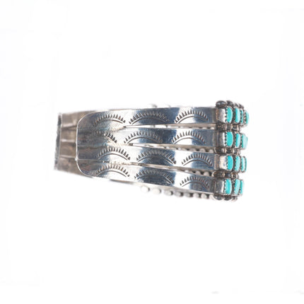 6" c1950 Vintage Zuni square cut turquoise 4 row sterling silver cuff bracelet