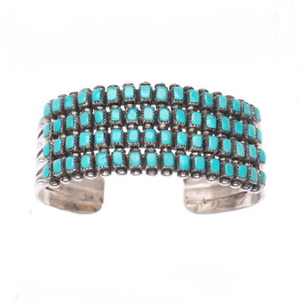 6" c1950 Vintage Zuni square cut turquoise 4 row sterling silver cuff bracelet