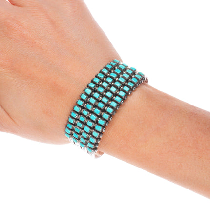 6" c1950 Vintage Zuni square cut turquoise 4 row sterling silver cuff bracelet