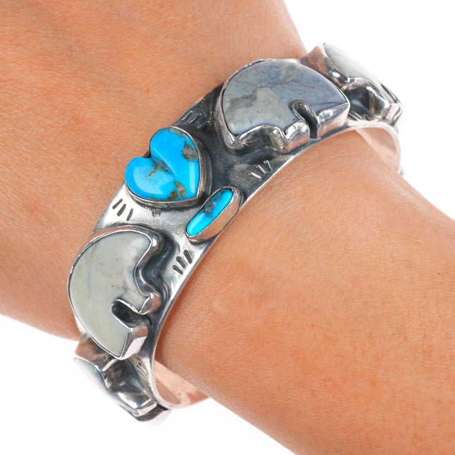 6.6" Victoria Masse Stoll sterling silver turquoise/jasper bears cuff bracelet