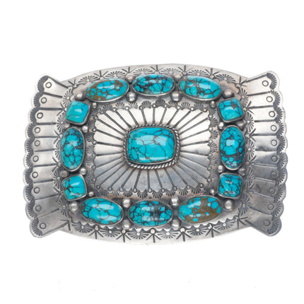 Big Henry Baca Navajo sterling silver turquoise cluster chiseled belt buckle