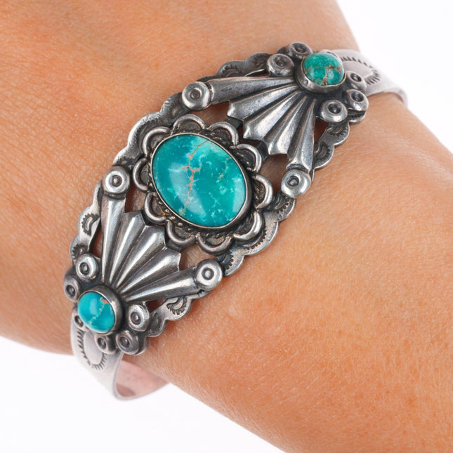 6.75" Fred Harvey Era c1940's  green turquoise sterling silver cuff bracelet