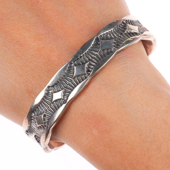 7.3" Vintage Nora Tahe Navajo sterling silver deep stamped heavy cuff bracelet
