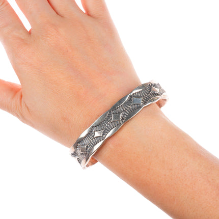 7.3" Vintage Nora Tahe Navajo sterling silver deep stamped heavy cuff bracelet
